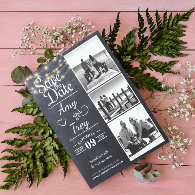 Rustic String Lights Chalkboard 3 Photo Save The Date (Creator Uploaded)