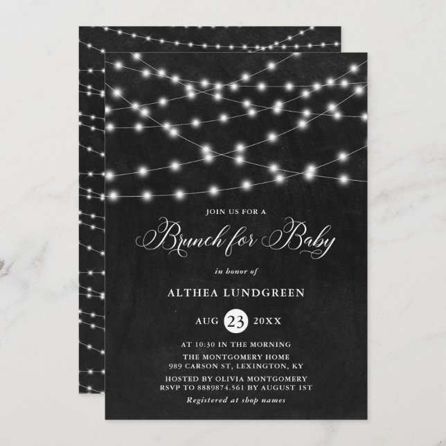 Rustic String Lights Chalkboard Baby Shower Brunch Invitation (Front/Back)