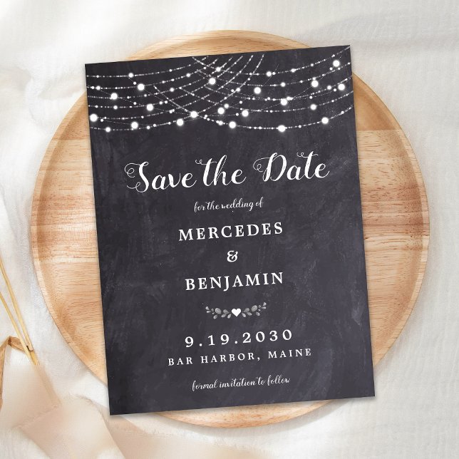 Rustic String Lights Chalkboard Slate Wedding Save Invitation Postcard (Creator Uploaded)
