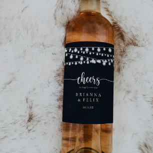 Rustic String Lights Cheers Wedding Wine Labels