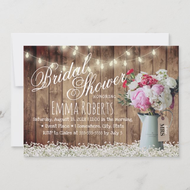Rustic String Lights Country Floral Bridal Shower Invitation (Front)