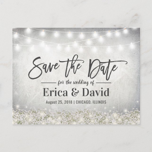 Rustic String Lights Country Floral Save the Date Announcement Postcard (Front)