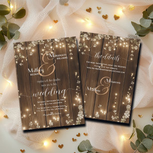 Rustic String Lights Details on the back Wedding Invitation