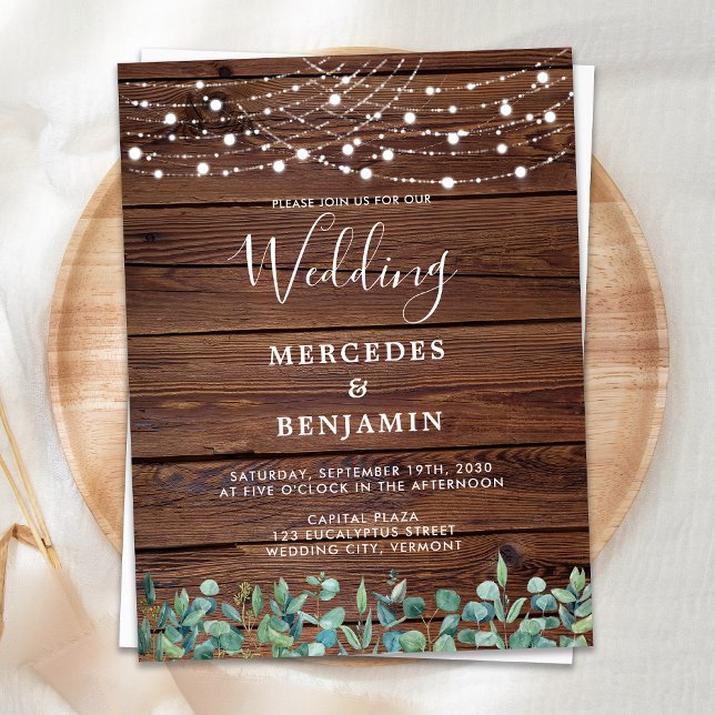 Rustic String Lights Eucalyptus County Wedding Postcard (Creator Uploaded)