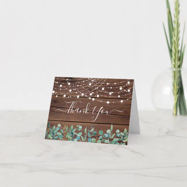 Rustic String Lights Eucalyptus Greenery Wedding Thank You Card | Zazzle