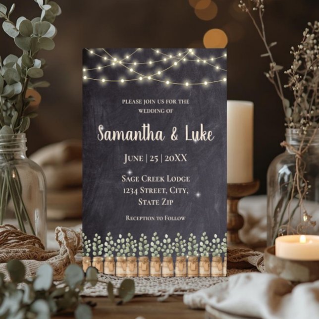 Rustic String Lights Eucalyptus Mason Jar Invitation (Rustic string lights wedding invitation with eucalyptus mason jars and romantic chalkboard design.)