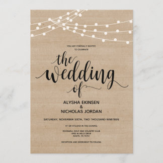 Rustic string lights farm Wedding Invitation Card
