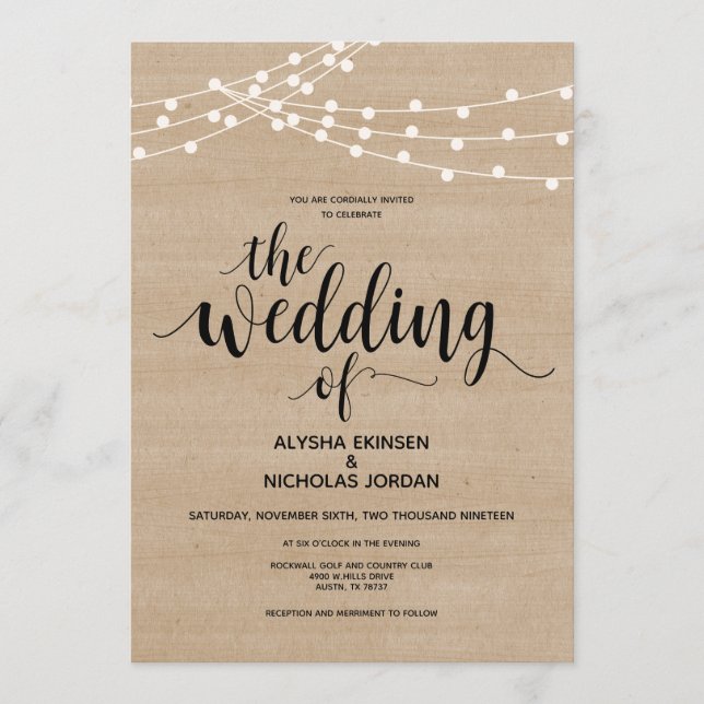Rustic string lights farm Wedding Invitation Card (Front)