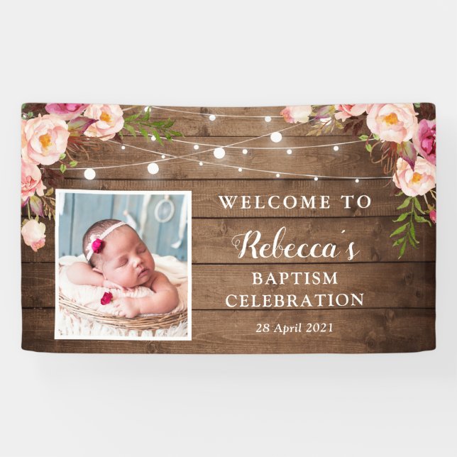 Rustic String Lights Floral Baby Baptism Welcome Banner (Horizontal)