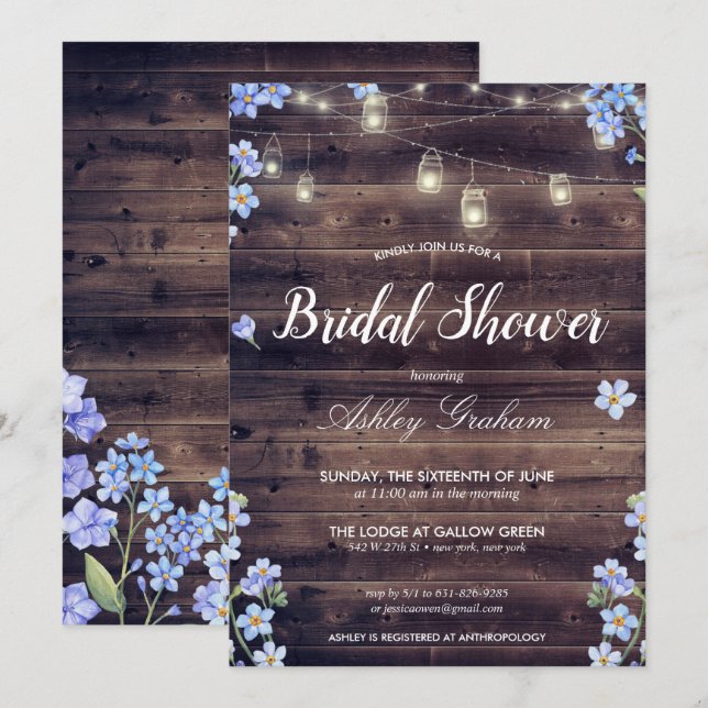 Rustic String Lights Floral Barnwood Bridal Shower Invitation (Front/Back)