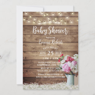 Rustic String Lights & Floral Bouquet Baby Shower Invitation
