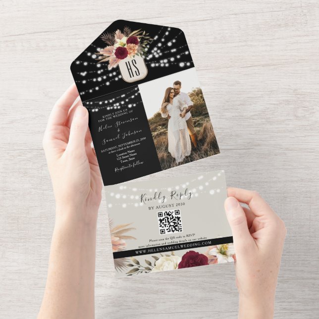 Rustic String Lights Floral Burgundy Black Wedding All In One Invitation (Tearaway)