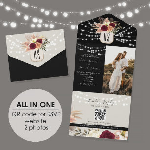 Rustic String Lights Floral Burgundy Black Wedding All In One Invitation