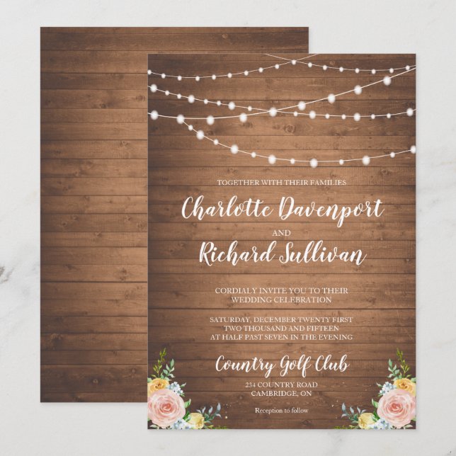 Rustic string lights floral wedding invitation (Front/Back)