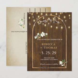 Rustic String Lights Gold Arch Magnolia Announcement Postcard