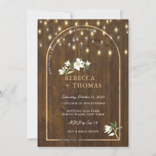 Rustic String Lights Gold Arch Magnolia Rehearsal  Invitation