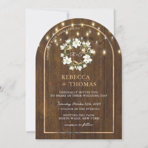 Rustic String Lights Gold Arch Magnolia Wedding Invitation