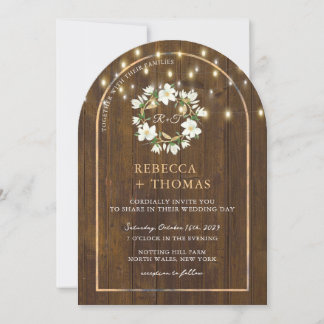 Rustic String Lights Gold Arch Magnolia Wedding Invitation