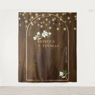 Rustic String Lights Gold Arch Magnolia Wedding Tapestry