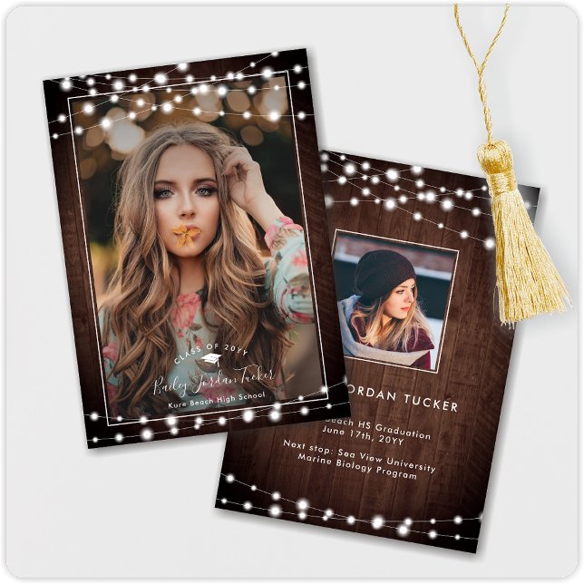 Rustic String Lights Grad Cap Photo Graduation Announcement (Creator Uploaded)