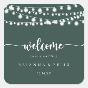 Rustic String Lights Green Wedding Welcome   Square Sticker