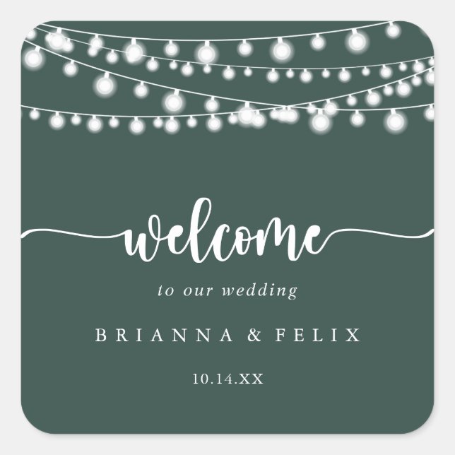 Rustic String Lights Green Wedding Welcome   Square Sticker (Front)