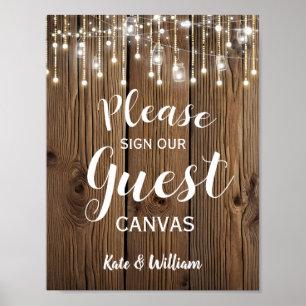 Rustic string  lights guest canvas wedding sign