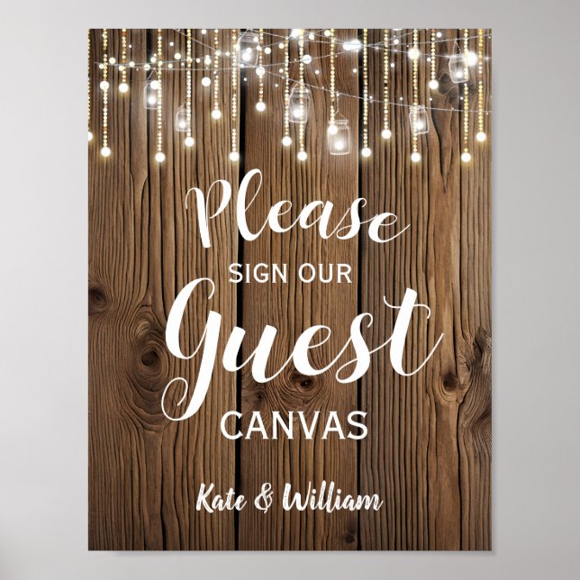 Rustic string  lights guest canvas wedding sign (Front)
