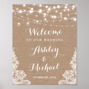 Rustic String Lights Lace Burlap Wedding Sign