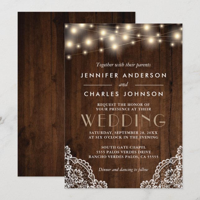 Rustic String Lights Lace Detail Wood Wedding Invitation (Front/Back)