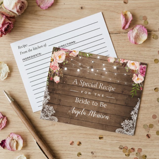 Rustic String Lights Lace Floral Bridal Recipe Postcard (Creator Uploaded)