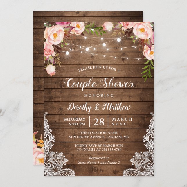 Rustic String Lights Lace Floral Couple's Shower Invitation (Front/Back)