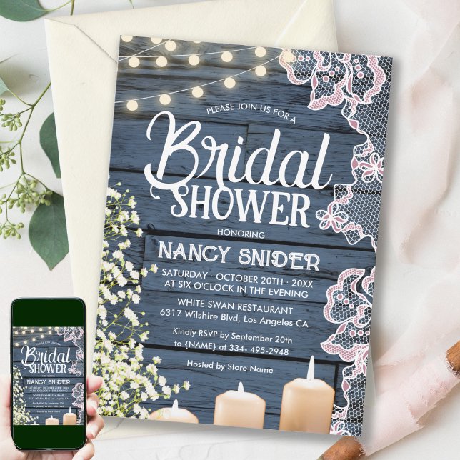 Rustic String Lights & Lace Navy Blue Bridal Invitation (Creator Uploaded)