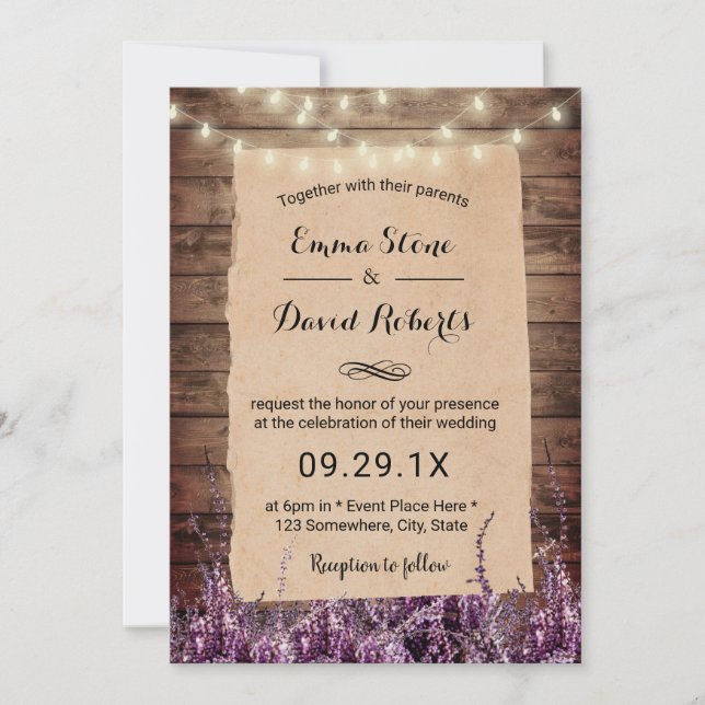Rustic String Lights Lavender Floral Wedding Invitation (Front)