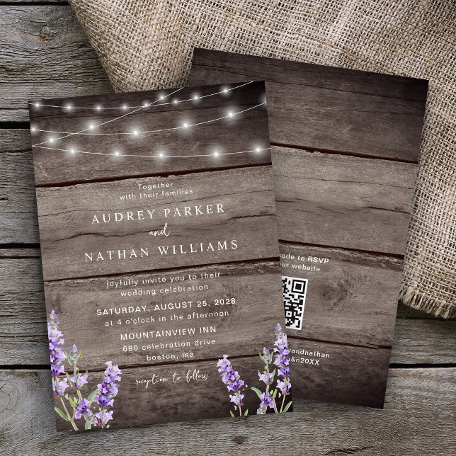 Rustic String Lights Lavender QR Code Wedding Invitation (Creator Uploaded)