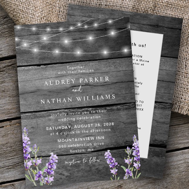 Rustic String Lights Lavender with Details Wedding Invitation (Creator Uploaded)