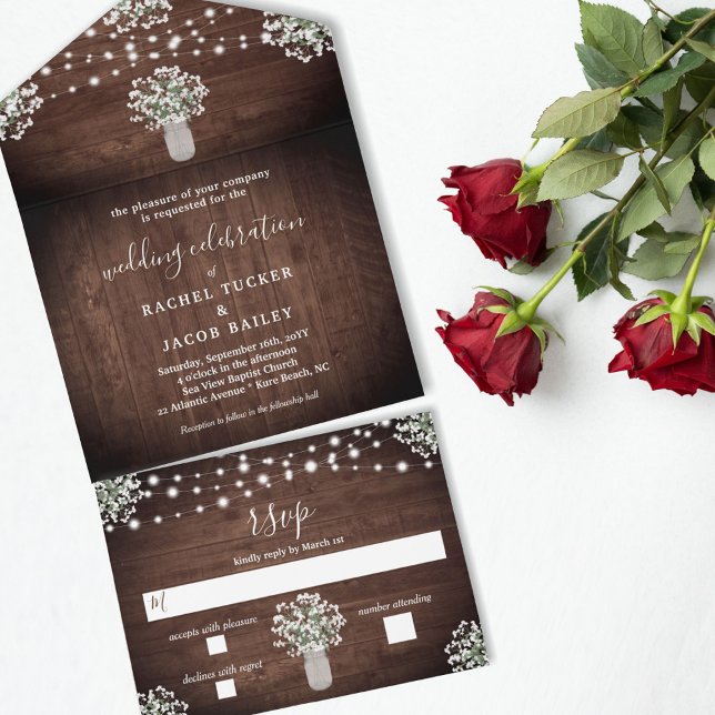 Rustic String Lights Mason Jar Floral Wedding All In One Invitation (Creator Uploaded)