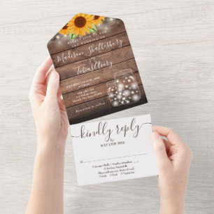 Rustic String Lights Mason Jar Sunflowers Wedding All In One Invitation