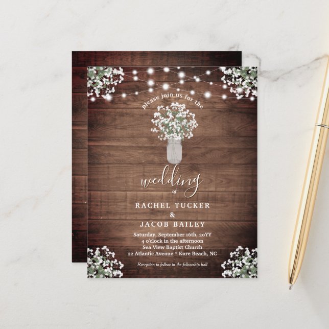 Rustic String Lights Mason Jar Wedding Invitation (Front/Back In Situ)