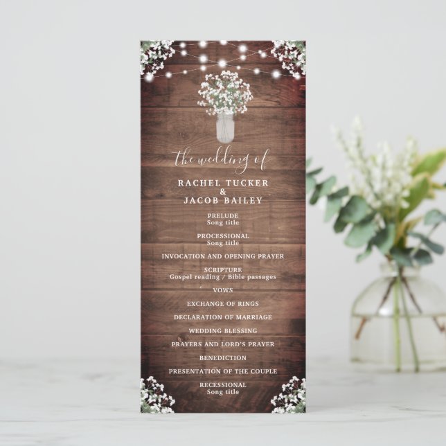 Rustic String Lights Mason Jar Wedding Programme (Standing Front)