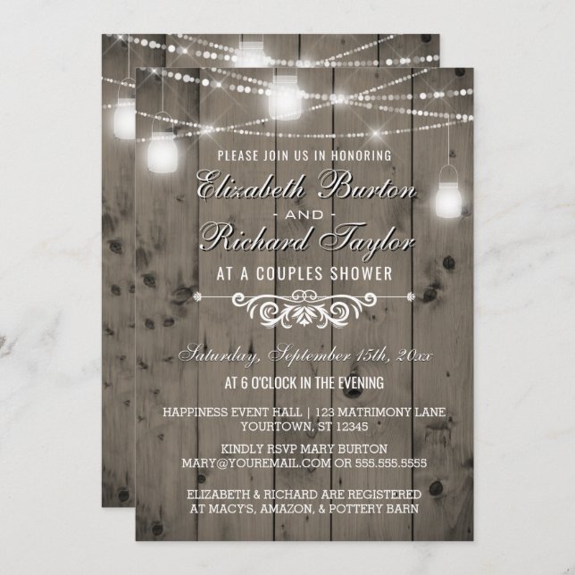 Rustic String Lights Mason Jars Couples Shower Invitation (Front/Back)
