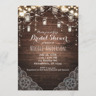 Rustic String Lights Mason Jars Lace Country Glam Invitation