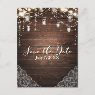 Rustic String Lights Mason Jars Lace Save the Date Announcement Postcard