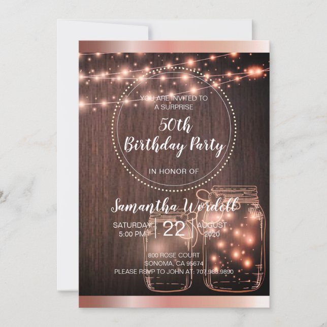 Rustic String Lights Mason Jars Metallic Rose Gold Invitation (Front)