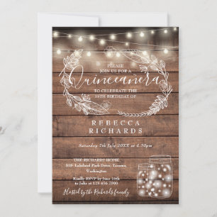 Rustic String Lights Mason Jars Quinceañera 15th Invitation