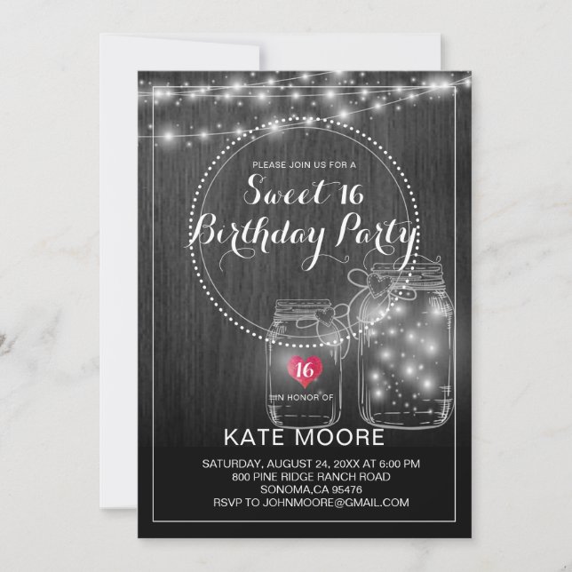 Rustic String lights Mason Jars Sweet 16 Birthday Invitation (Front)