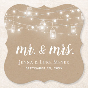 Rustic String Lights Mr. and Mrs. Wedding Monogram Paper Coaster