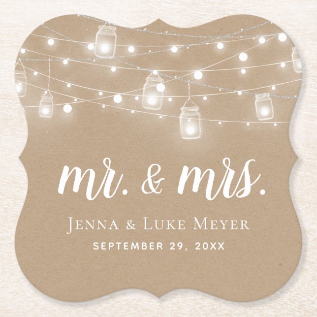 Rustic String Lights Mr. and Mrs. Wedding Monogram Paper Coaster (Front)