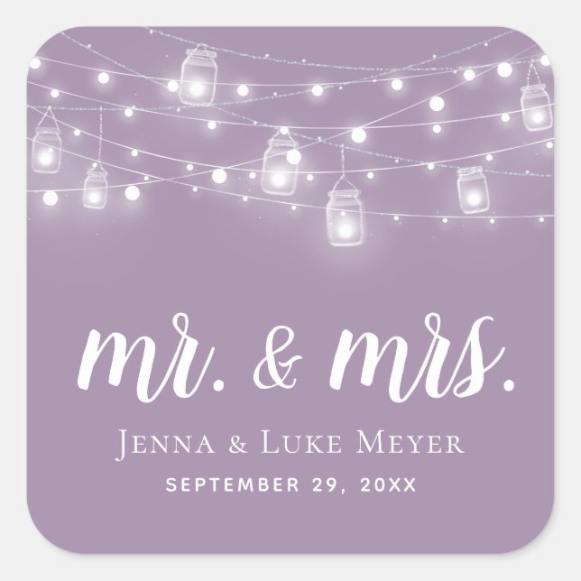Rustic String Lights Mr. and Mrs. Wedding Monogram Square Sticker (Front)