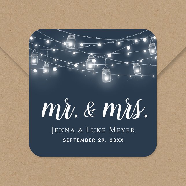 Rustic String Lights Mr. and Mrs. Wedding Monogram Square Sticker (Creator Uploaded)